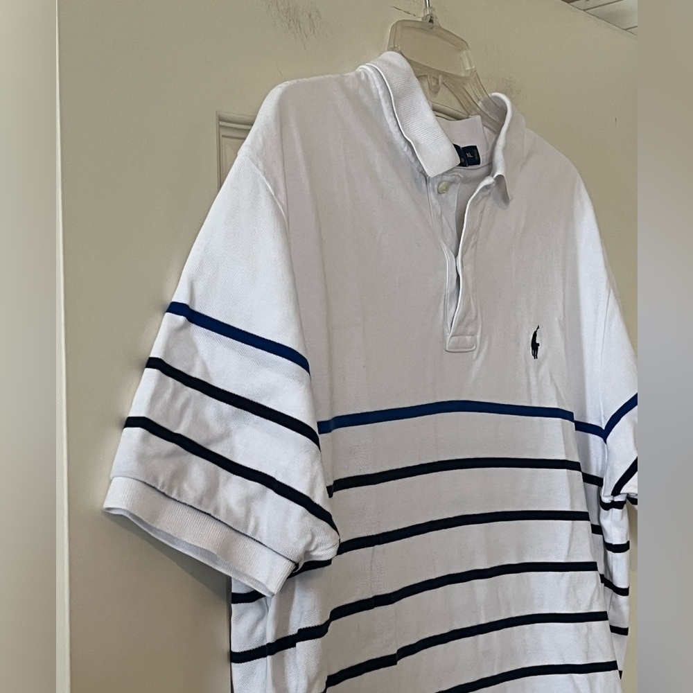 Men's Polo Ralph Lauren White and Blue Striped Short Sleeve Polo Shirt Size XL - Picture 7 of 16